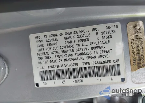2010 Honda Accord 2.4 Lx from USA, damaged, VIN 1HGCP2F36AA193256